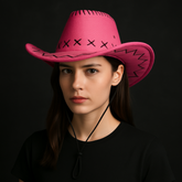 🧢 Western Stitch Cowboy Hat 🎯 Unisex | Festival Ready | Suede Look worn by a model against a dark background.